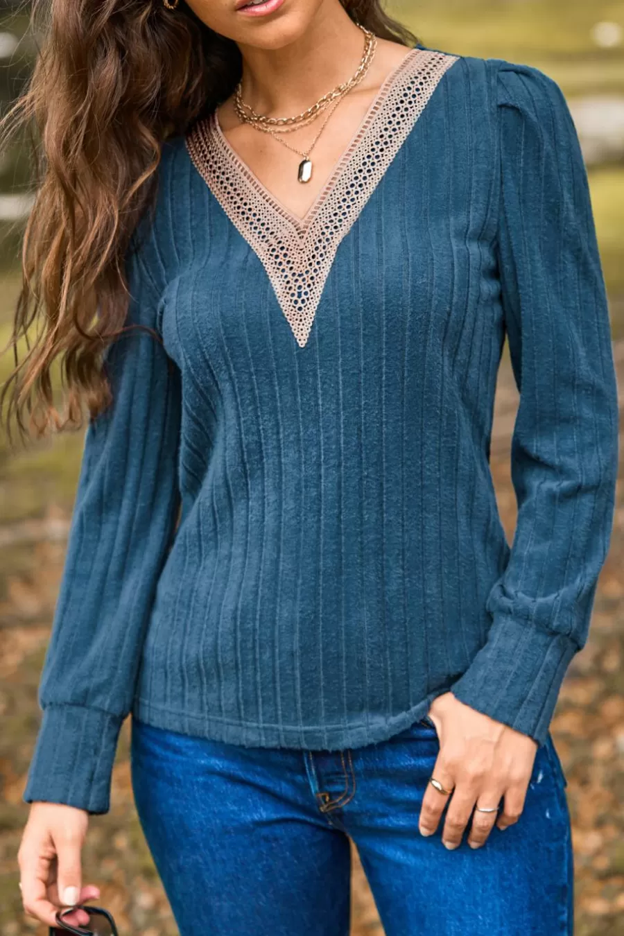 Cupshe T-Shirt & Débardeur | Chemise & Blouse*Haut à Col En V Et Manches Longues Bouffantes Avec Dentelle Bleu marine