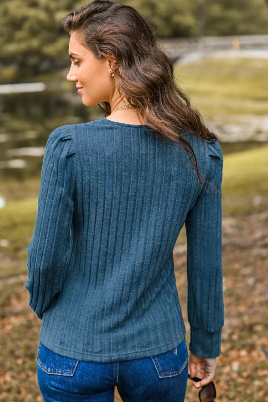 Cupshe T-Shirt & Débardeur | Chemise & Blouse*Haut à Col En V Et Manches Longues Bouffantes Avec Dentelle Bleu marine