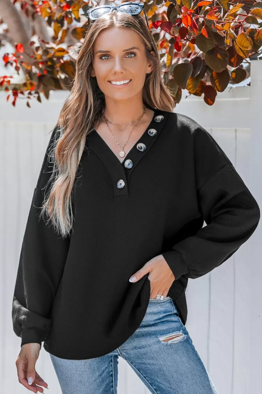 Cupshe T-Shirt & Débardeur | Chemise & Blouse*Haut à Col En V Et épaules Tombantes Avec Manches Longues Noir