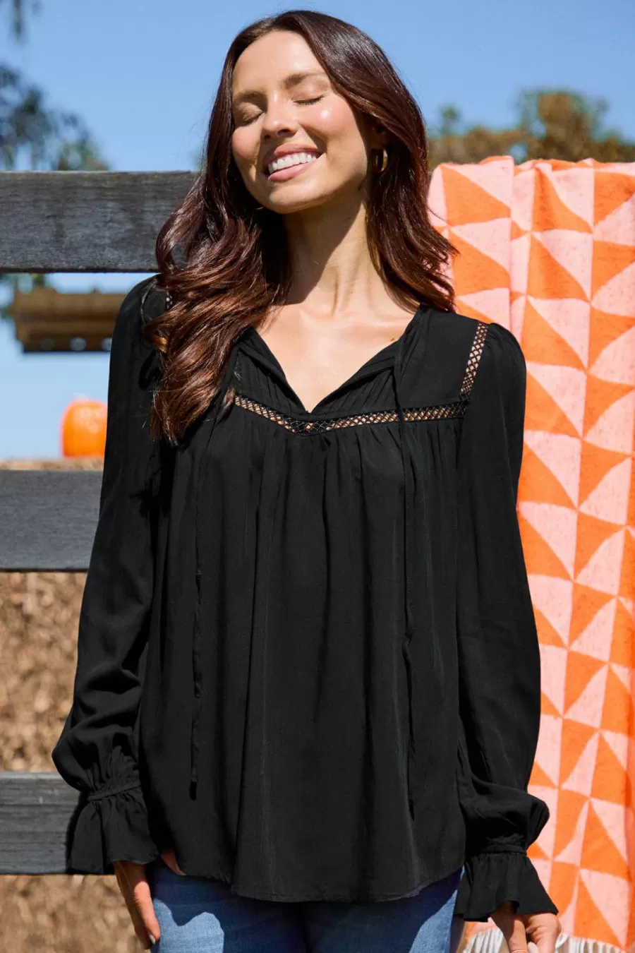 Cupshe Chemise & Blouse*Haut à Col Fendu Et Manches Blouson Noir