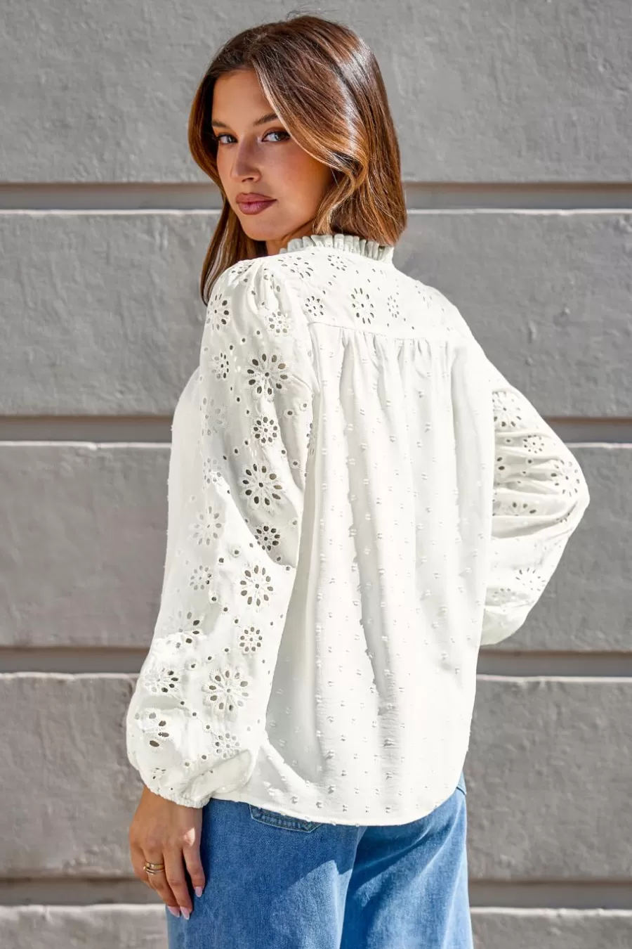 Cupshe T-Shirt & Débardeur | Chemise & Blouse*Haut à Col Motant Et Manches Blouson Avec Volants Et œillets Blanc