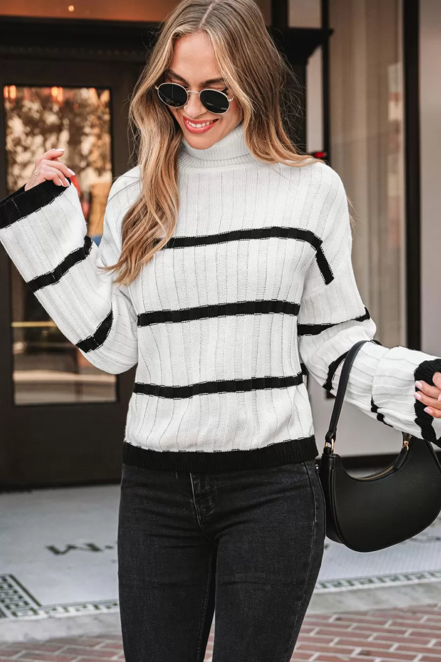 Cupshe Pull | Pulls & Gilets*Haut à Manches Longues Et Col Roulé Rayures Noires Et hes Blanc