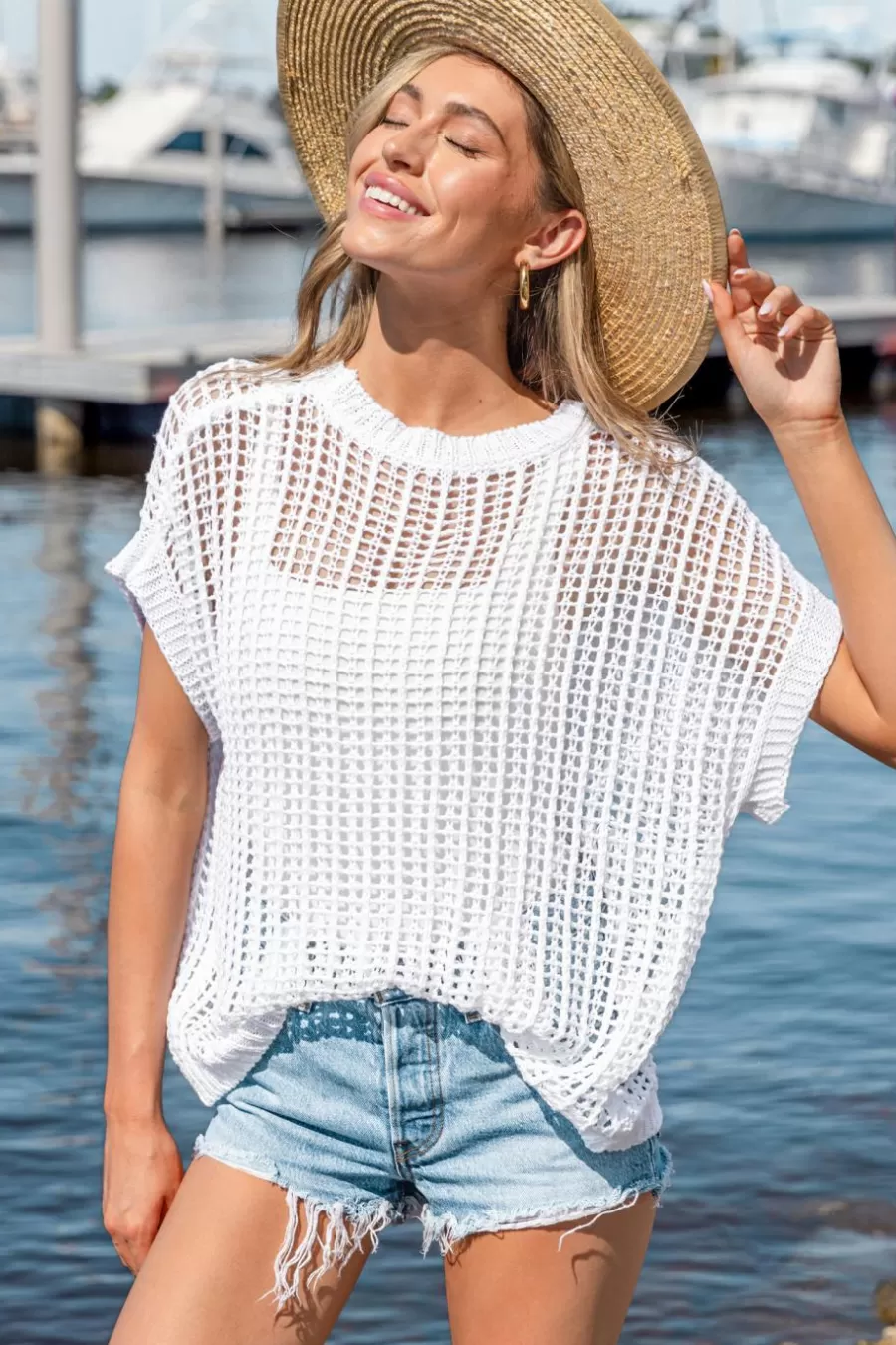 Cupshe Pulls & Gilets*Haut Cover Up En Tricot à Col Rond Et Manches Courtes he Blanc