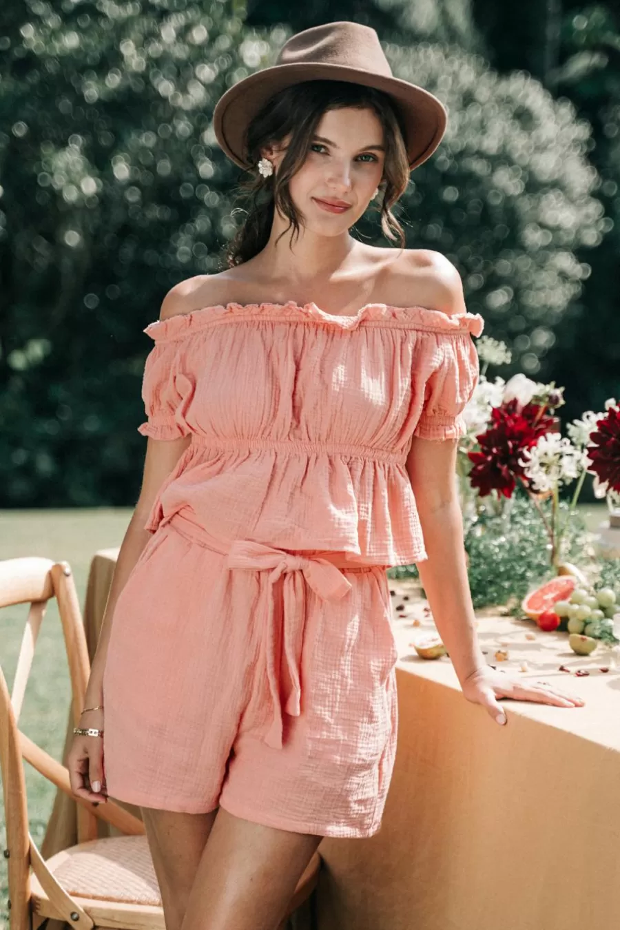 Cupshe Manteau & Veste*Haut En Pur Coton à Volants Et Short Droit Rose