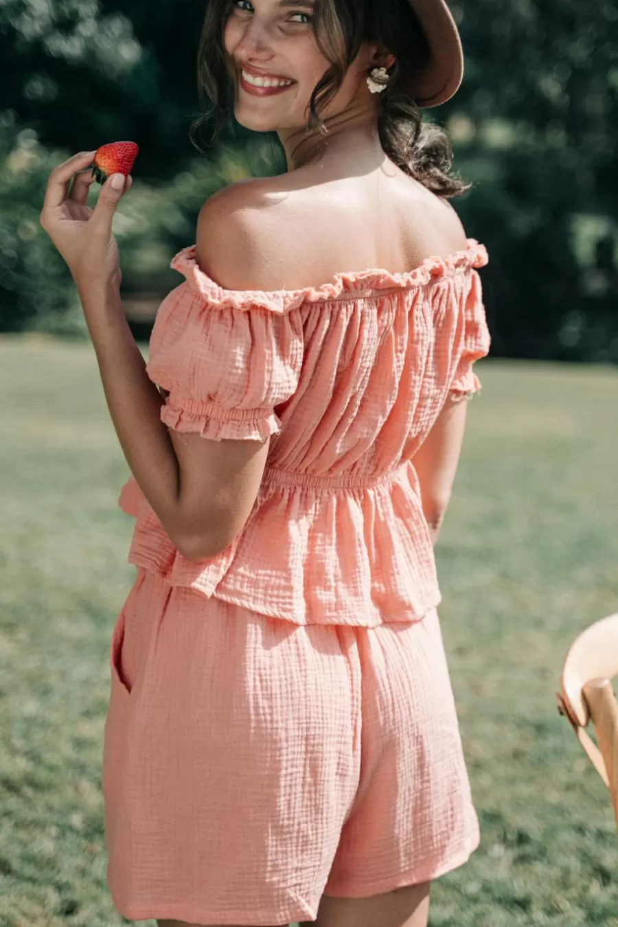 Cupshe Manteau & Veste*Haut En Pur Coton à Volants Et Short Droit Rose