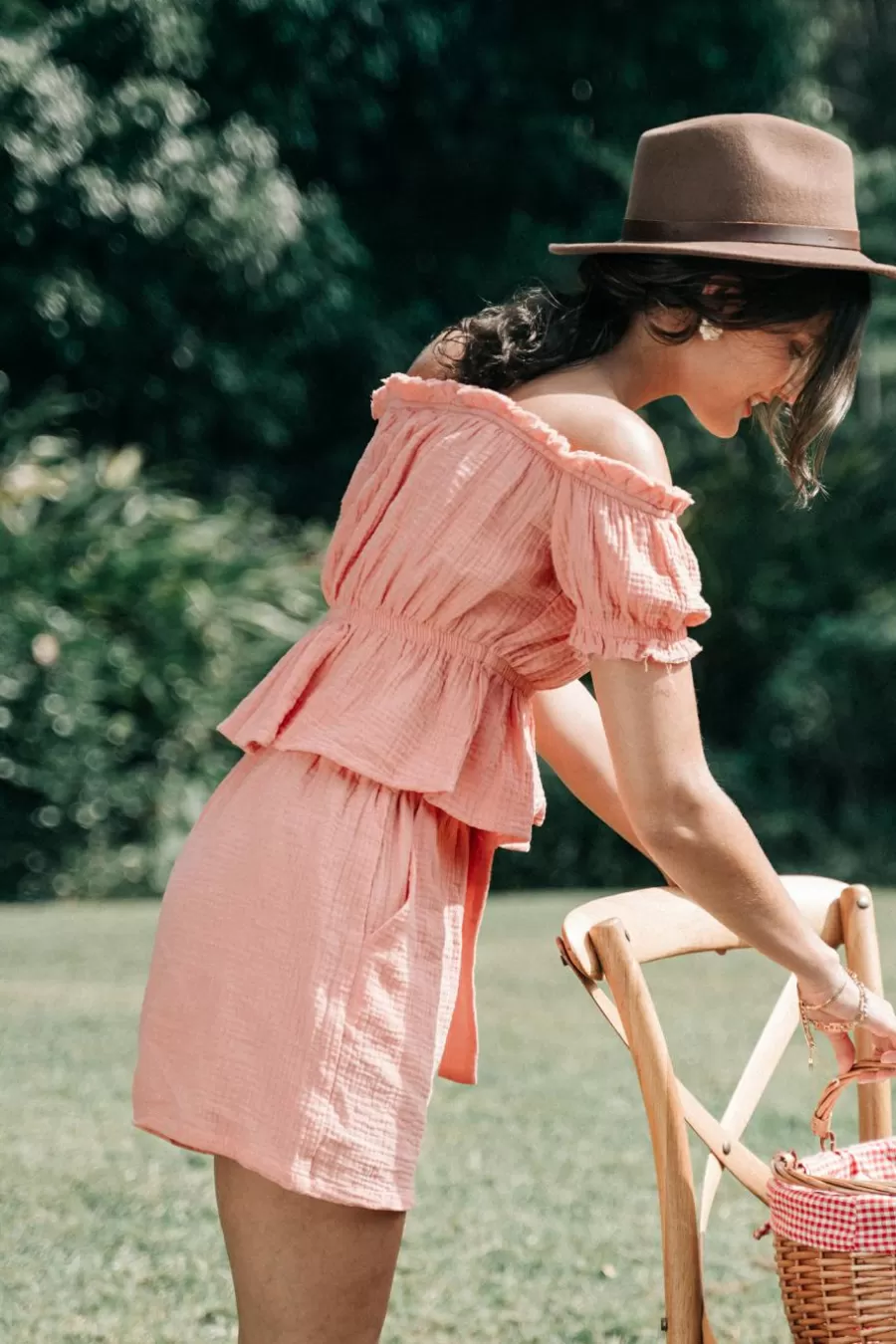 Cupshe Manteau & Veste*Haut En Pur Coton à Volants Et Short Droit Rose