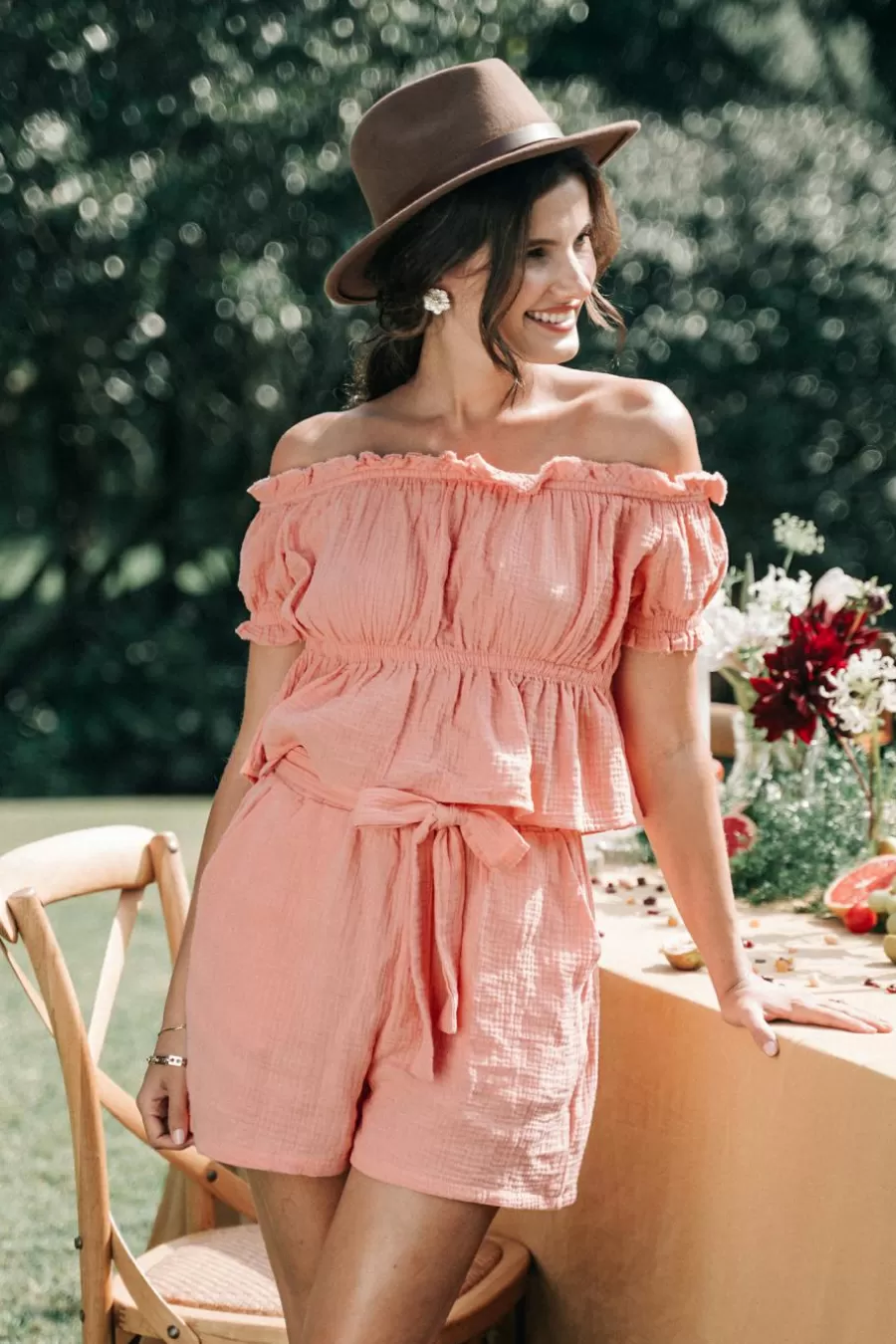 Cupshe Manteau & Veste*Haut En Pur Coton à Volants Et Short Droit Rose