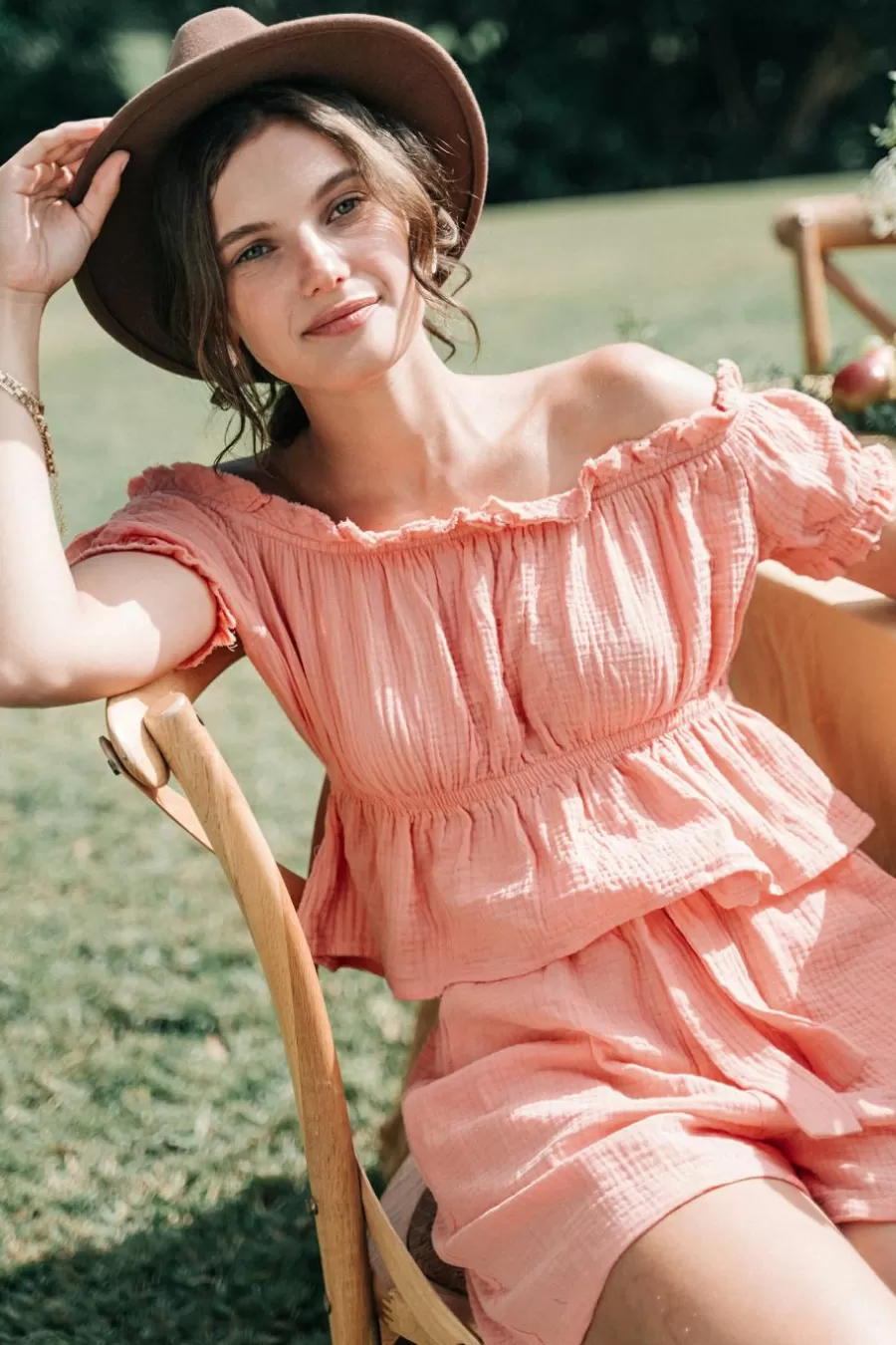 Cupshe Manteau & Veste*Haut En Pur Coton à Volants Et Short Droit Rose