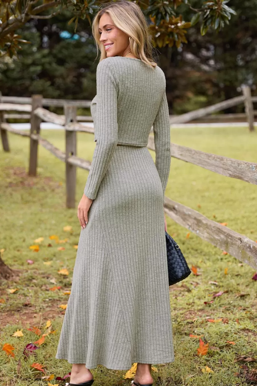 Cupshe Pulls & Gilets | Manteau & Veste*Haut En Tricot Côtelé à Manches Longues Avec Jupe Longue Gris Gris clair