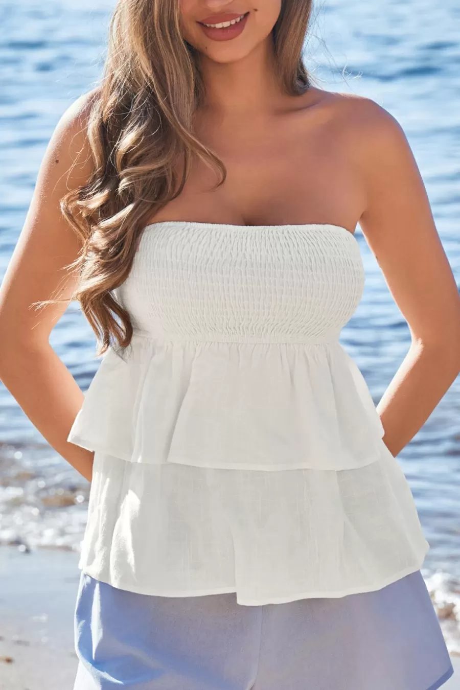 Cupshe Chemise & Blouse*Haut Tube En Pur Coton Superposé à Smocks Avec Corsage Blanc