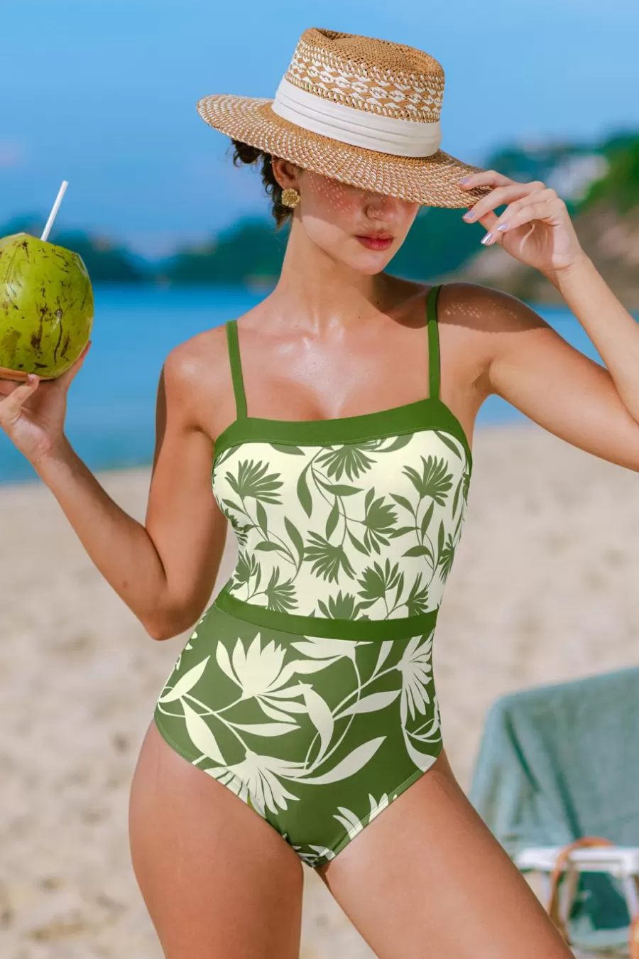 Cupshe Maillot 1 Pièce*Maillot De Bain Une Pièce à Col Carré Et Emballage Vert Et Blanc Vert clair