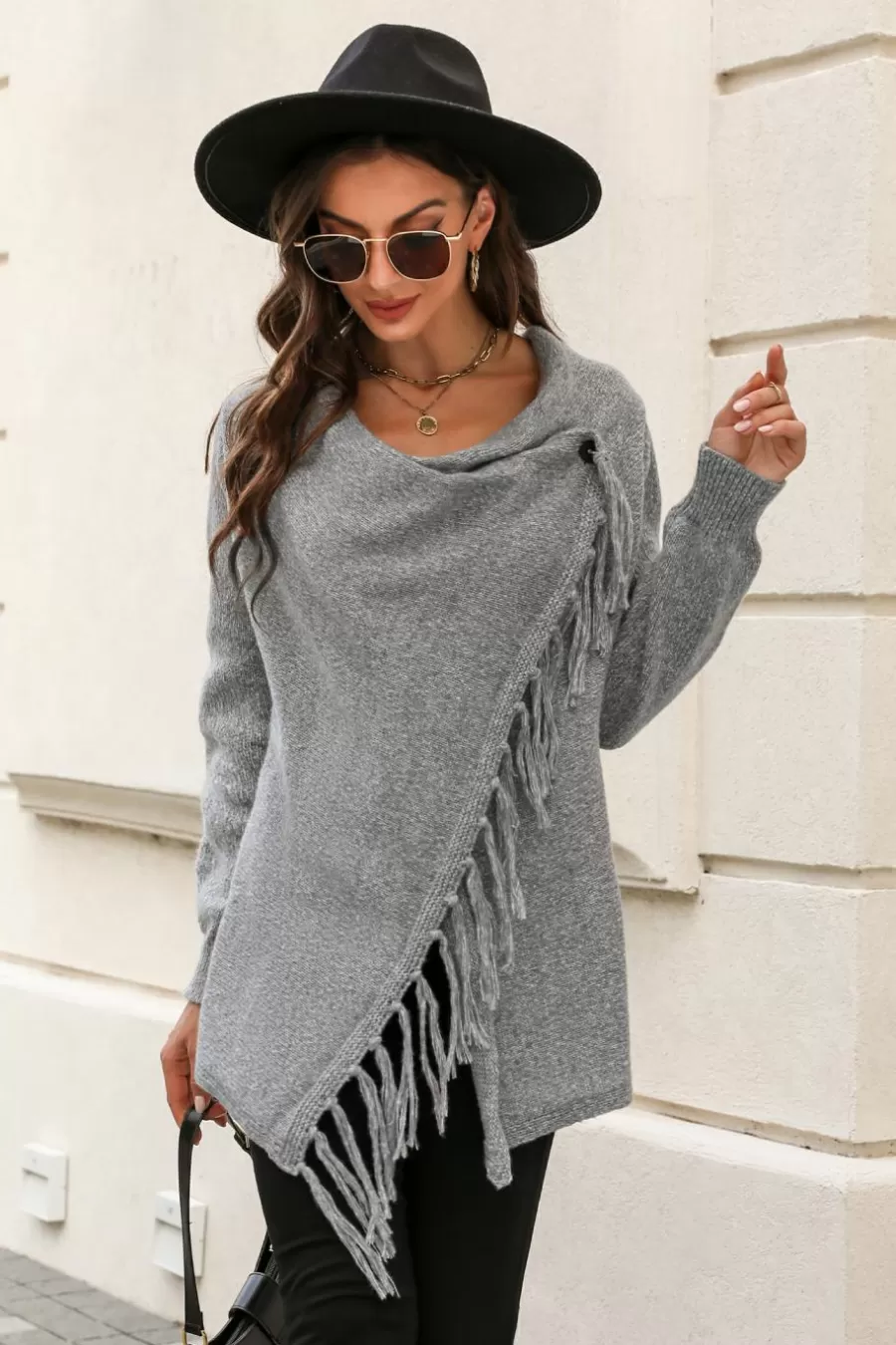 Cupshe Cardigan | Pulls & Gilets*Poncho à Franges En Tricot Chiné Gris