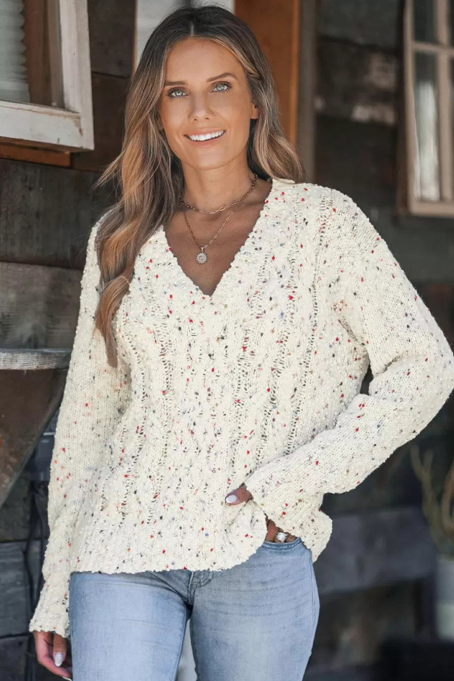 Cupshe Pull | Pulls & Gilets*Pull à Col En V Et Manches Longues En Tricot Torsadé Confetti Blanc