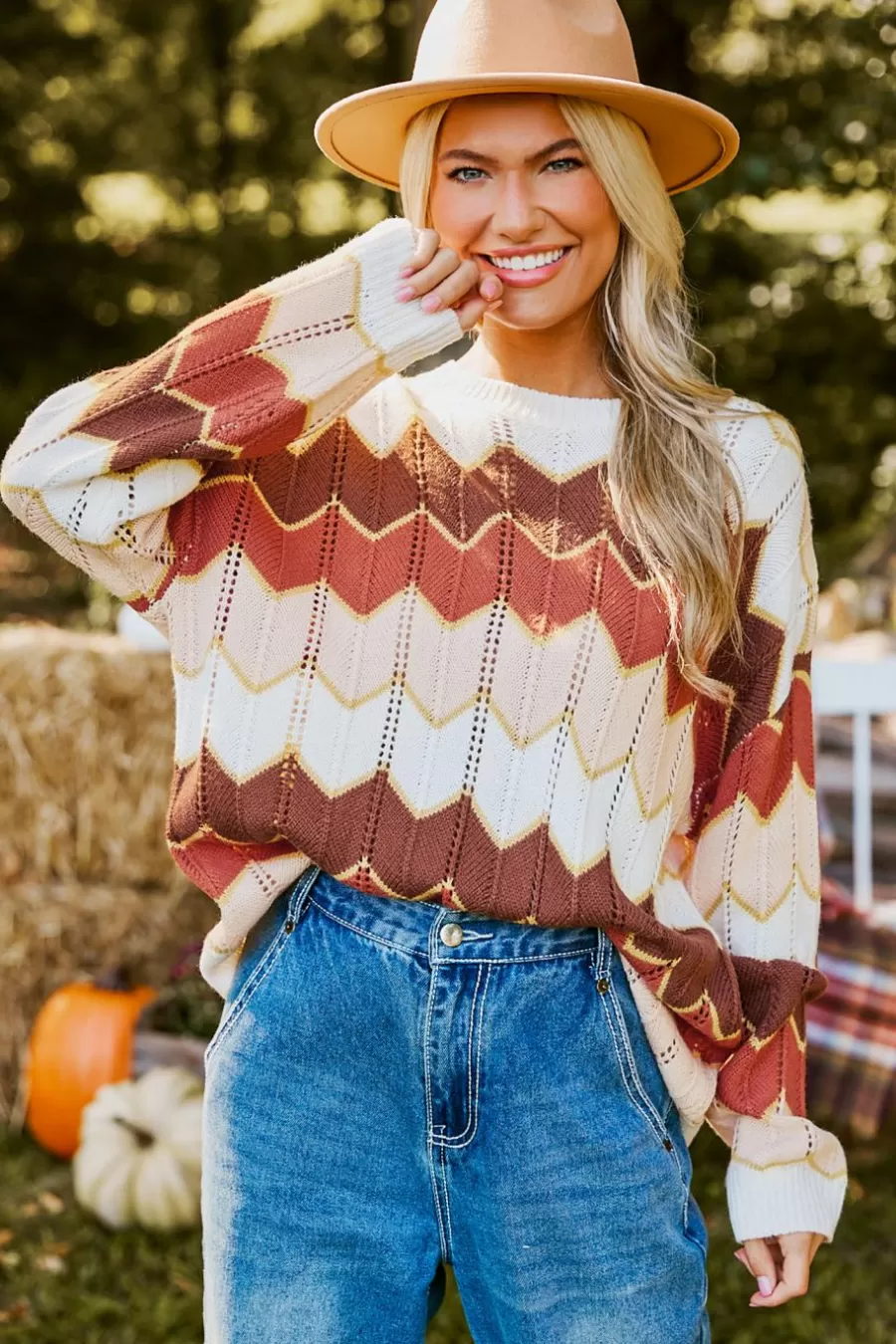 Cupshe Pull | Pulls & Gilets*Pull à Col Rond Et Manches Longues Avec Blocs De Couleur Chevron Brun