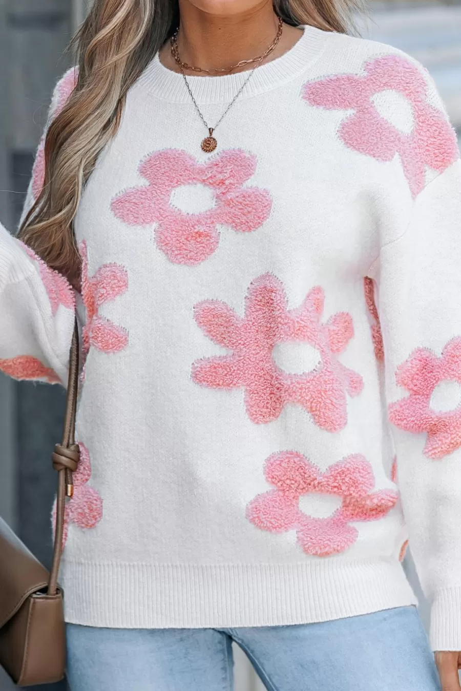 Cupshe Pull | Pulls & Gilets*Pull à Col Rond Et Manches Longues Avec Fleurs Rose