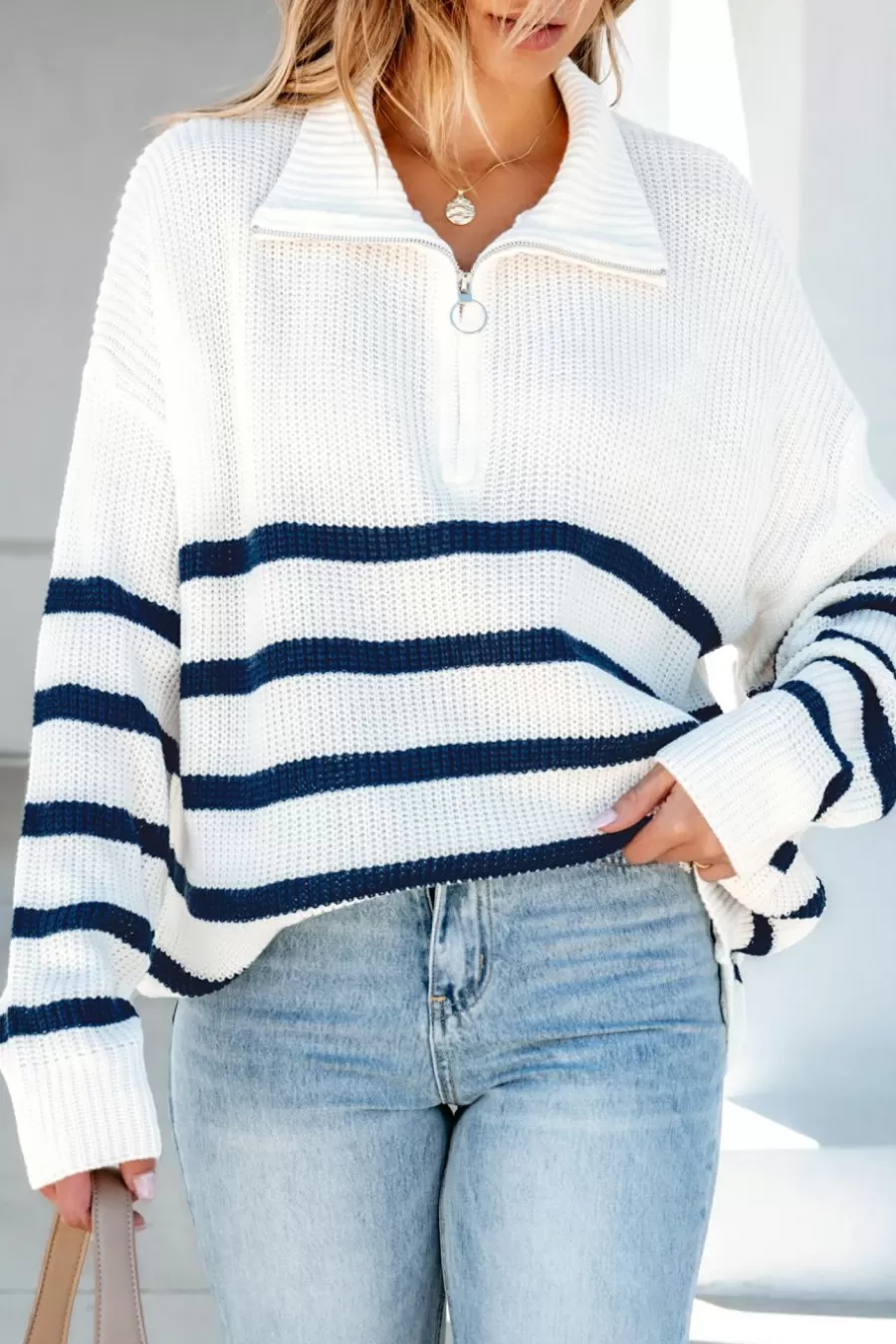 Cupshe Pull | Pulls & Gilets*Pull à Encolure Colletée Et Zip Sur Le Devant Avec Rayures Blanc