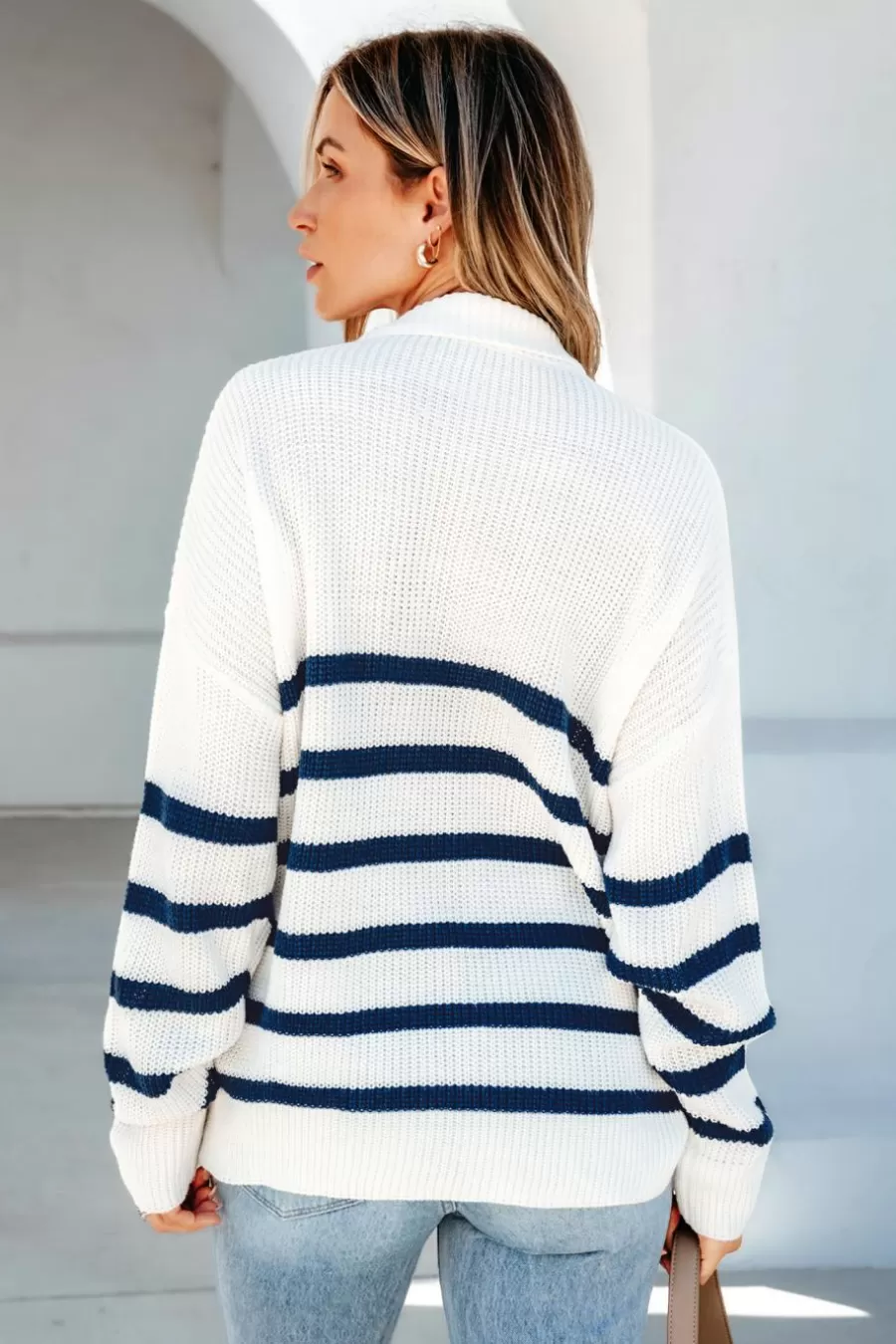 Cupshe Pull | Pulls & Gilets*Pull à Encolure Colletée Et Zip Sur Le Devant Avec Rayures Blanc