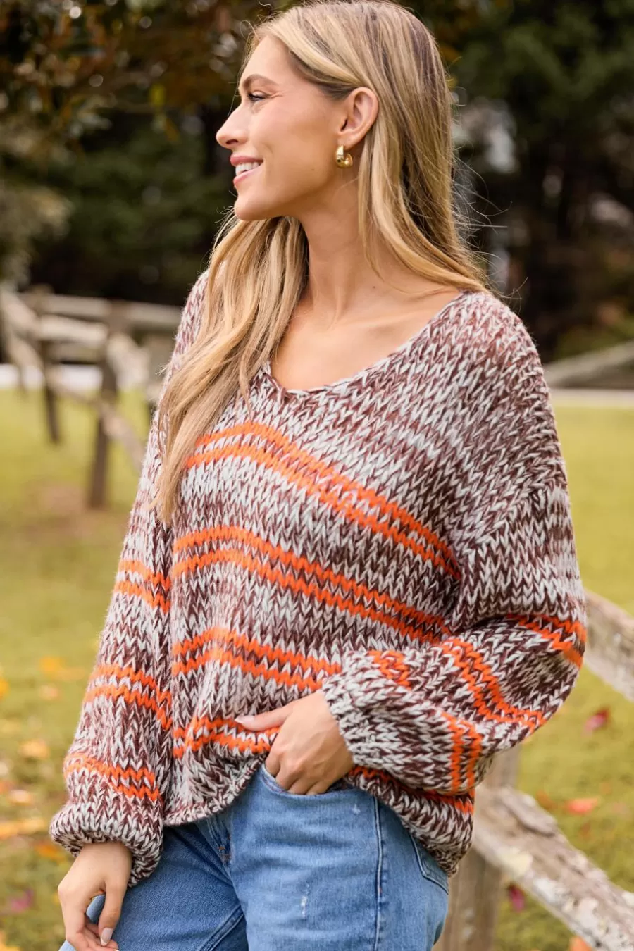 Cupshe Pull | Pulls & Gilets*Pull à Manches Longues Bouffantes Et Rayures Marron Et Orange Brun