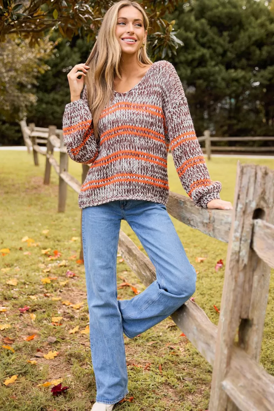 Cupshe Pull | Pulls & Gilets*Pull à Manches Longues Bouffantes Et Rayures Marron Et Orange Brun