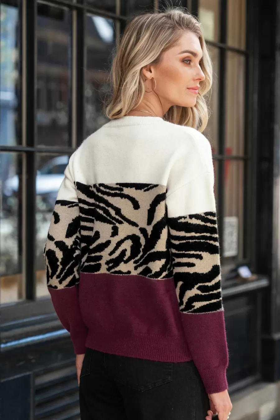 Cupshe Pull | Pulls & Gilets*Pull à Manches Longues Et Blocs De Couleur Avec Imprimé Tigre Blanc