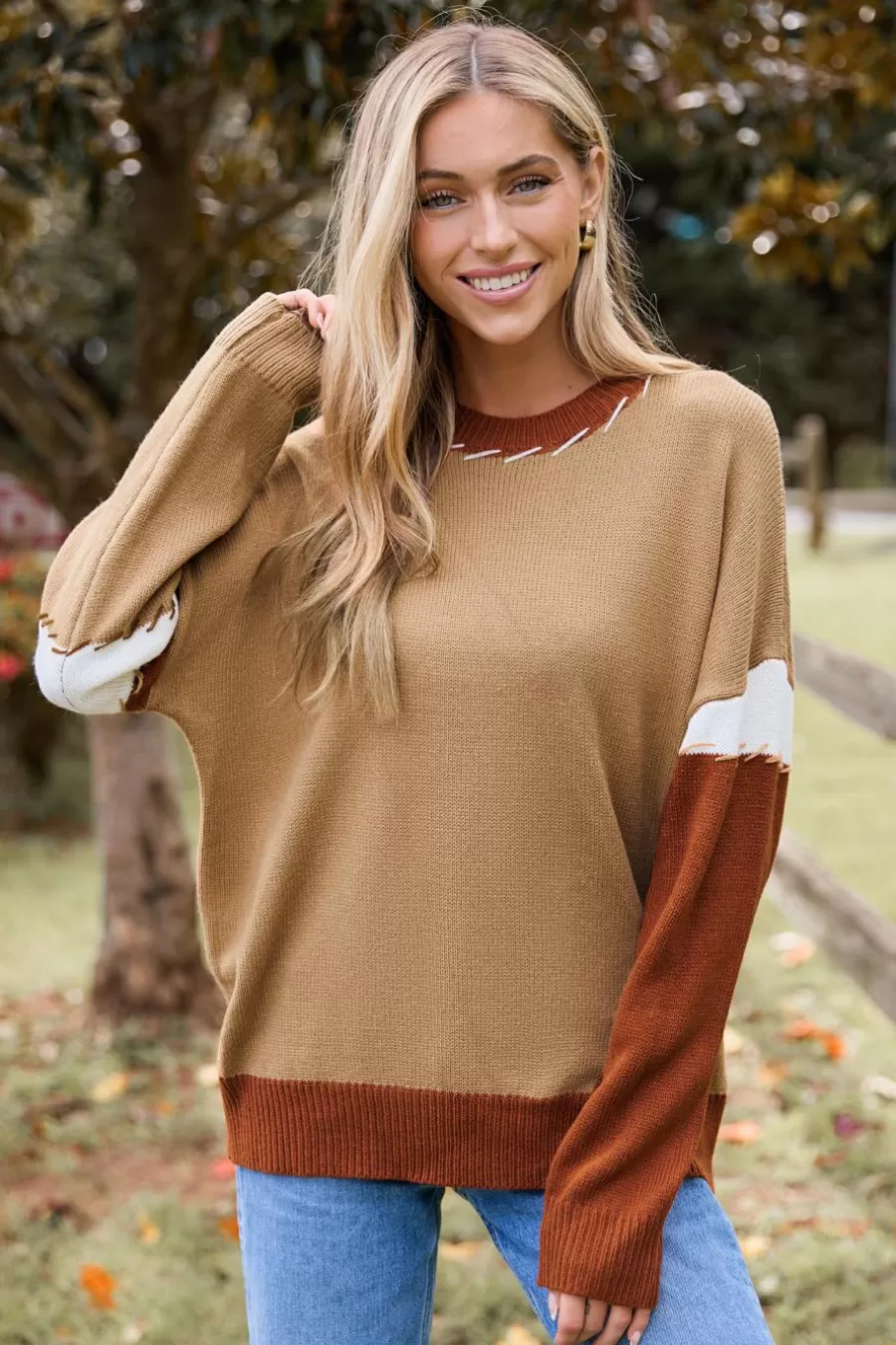Cupshe Pull | Pulls & Gilets*Pull à Manches Longues Et Blocs De Couleur Orange Brûlé Et Marron Marron clair