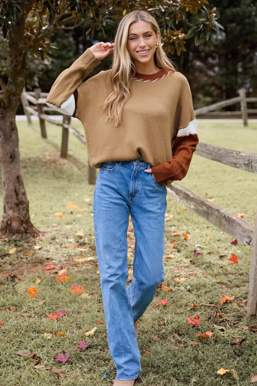 Cupshe Pull | Pulls & Gilets*Pull à Manches Longues Et Blocs De Couleur Orange Brûlé Et Marron Marron clair