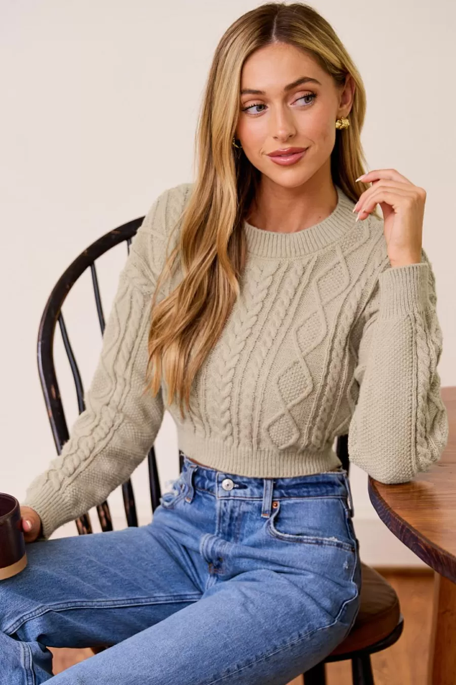 Cupshe Pull | Pulls & Gilets*Pull Court En Tricot Torsadé à Col Rond Et Manches Longues Kaki
