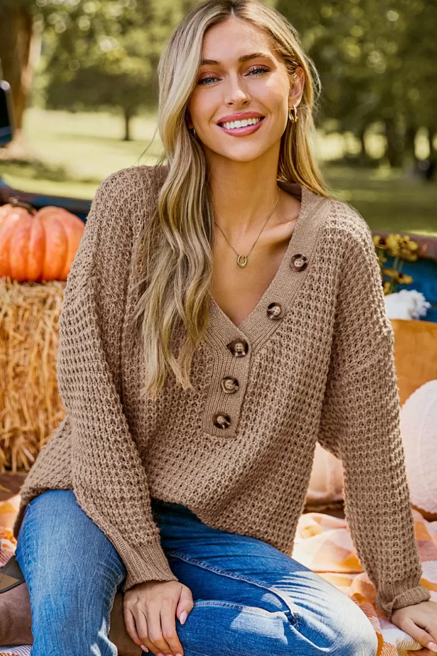 Cupshe Pull | Pulls & Gilets*Pull Henley à Col En V Et Manches Longues Marron clair