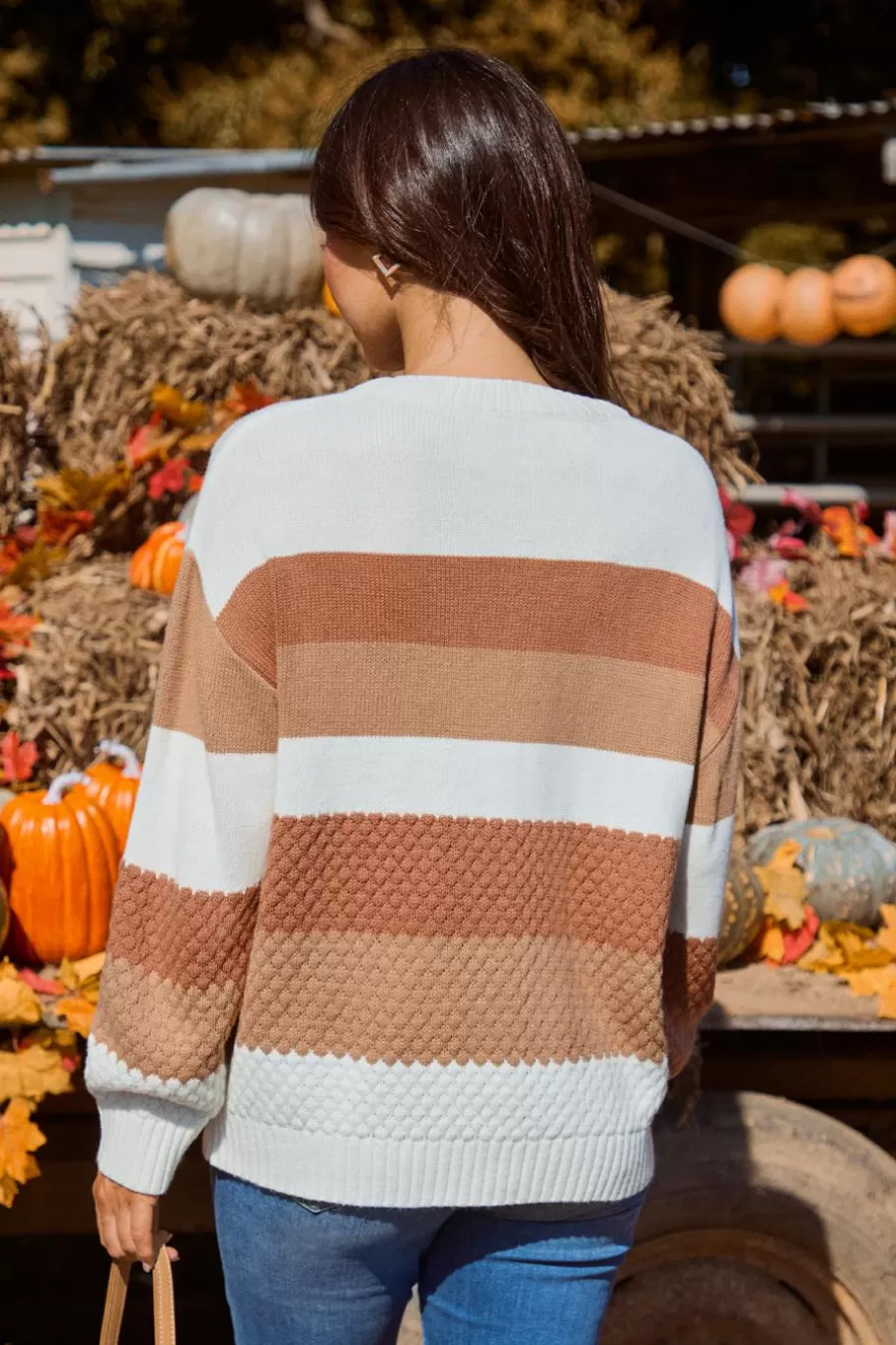 Cupshe Pull | Pulls & Gilets*Pull Marron Et à Col Rond Et Manches Longues Avec Rayures Blanc