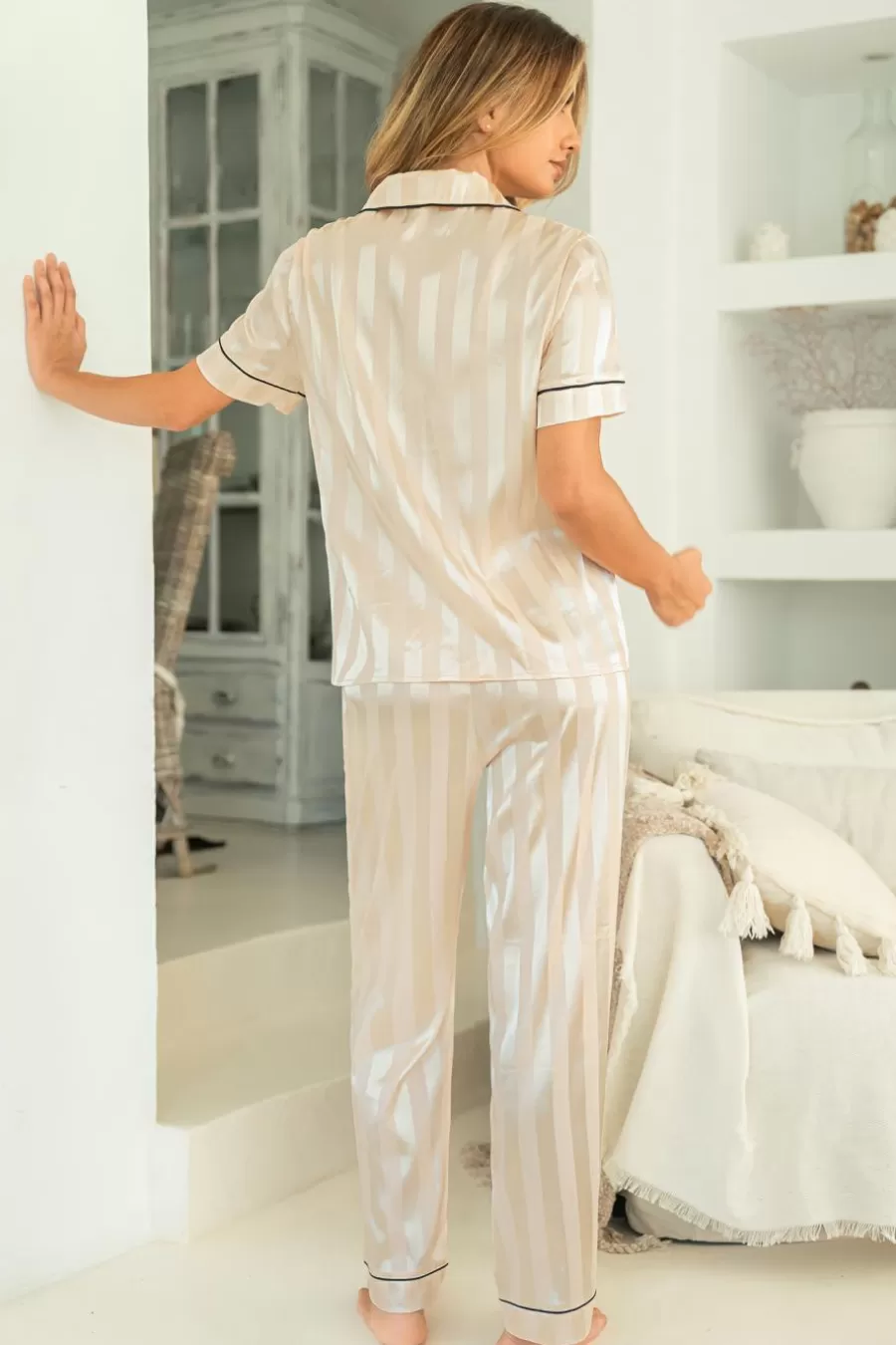Cupshe Pyjama*Pyjama Aux Rayures En Satin Avec Bas Corail