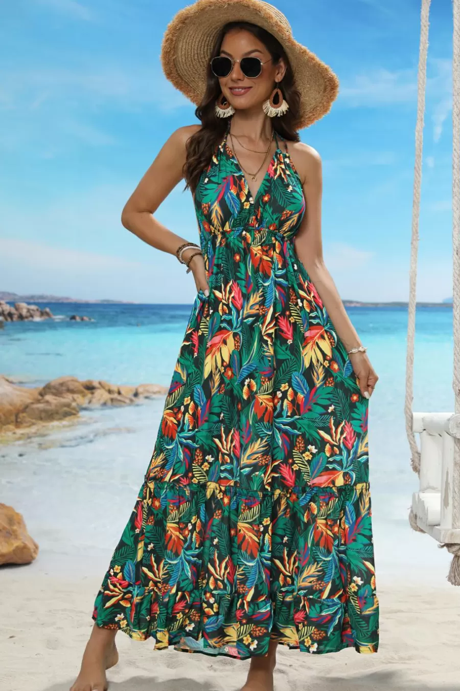 Cupshe Robe De Plage | Robe Trapèze*Robe à Col Licou Et Imprimée De Feuilles Tropicales Vert