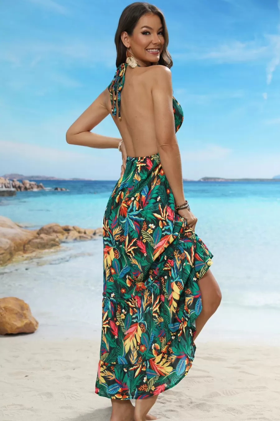 Cupshe Robe De Plage | Robe Trapèze*Robe à Col Licou Et Imprimée De Feuilles Tropicales Vert