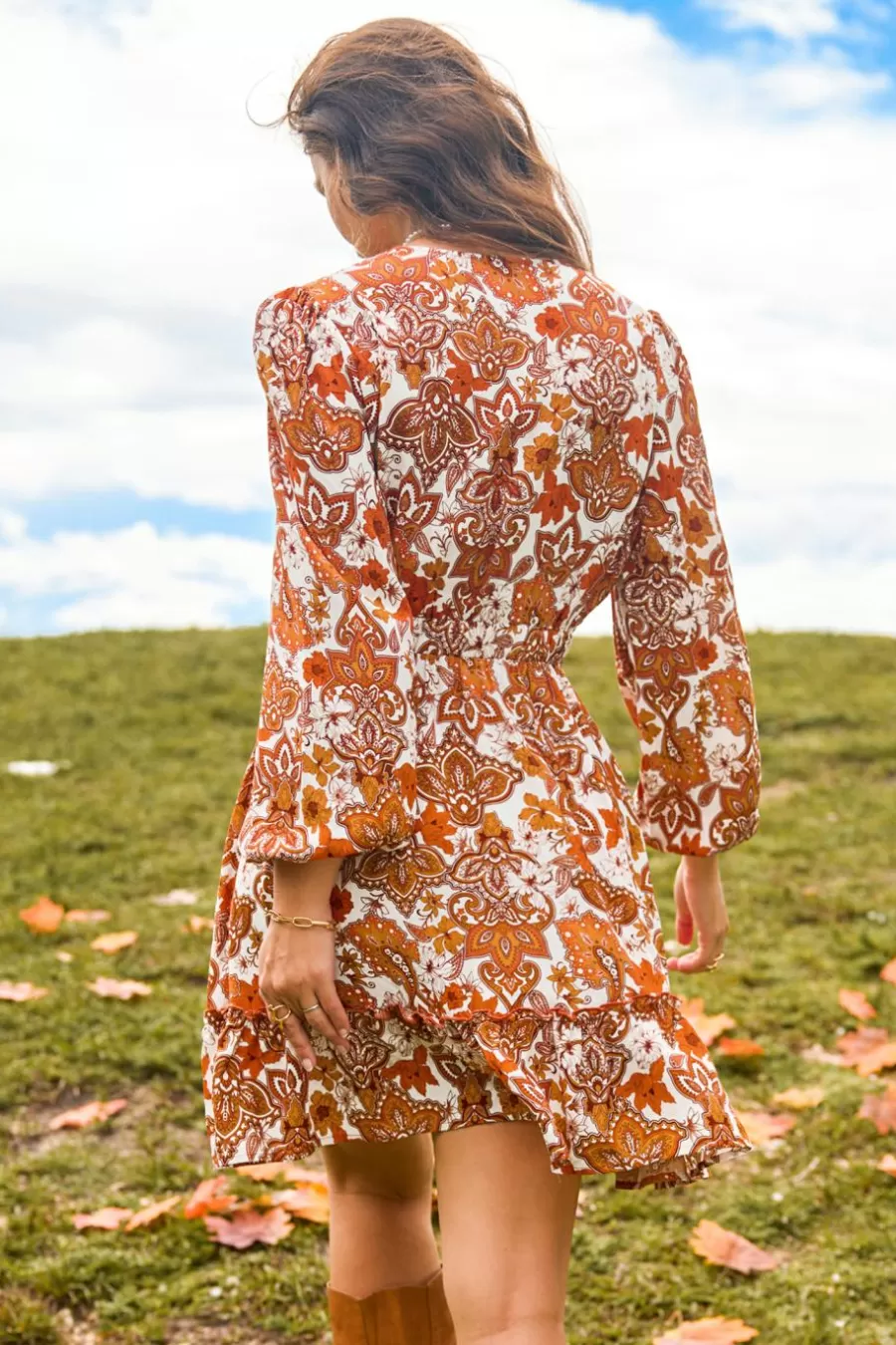 Cupshe Robe De Plage | Robe Courte*Robe à Col Surplis Et Manches Blouson Orange Rétro Mandarine