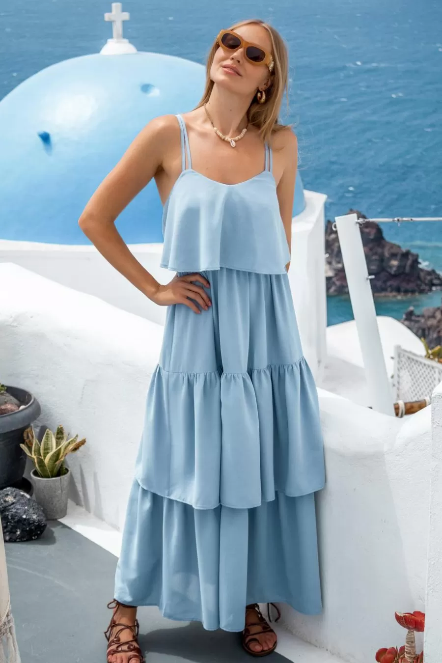 Cupshe Robe De Plage | Robe Longue*Robe à Volants Superposés Bleu clair