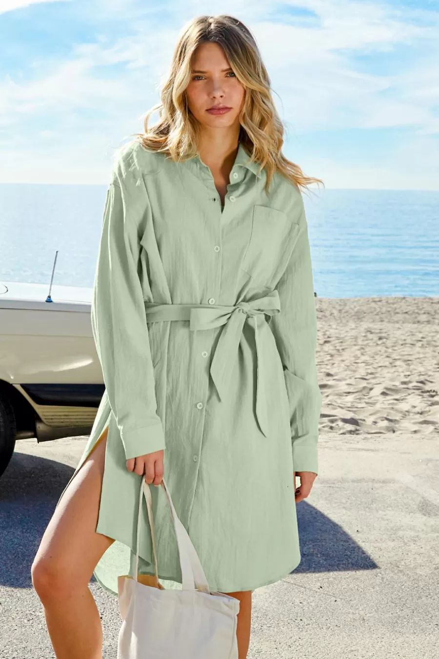 Cupshe Robe De Plage*Robe Chemise à Boutons En Pur Coton Vert clair