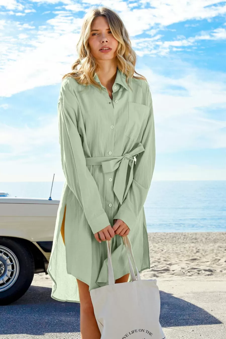 Cupshe Robe De Plage*Robe Chemise à Boutons En Pur Coton Vert clair