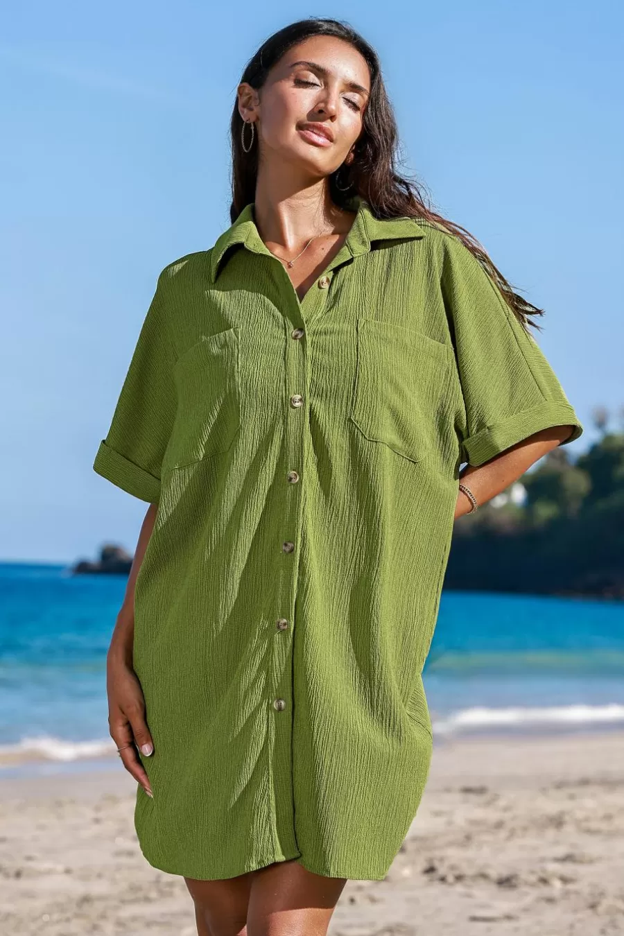 Cupshe Robe De Plage | Robe Courte*Robe Chemise Courte à Boutons Sur Le Devant Lâche e Vert