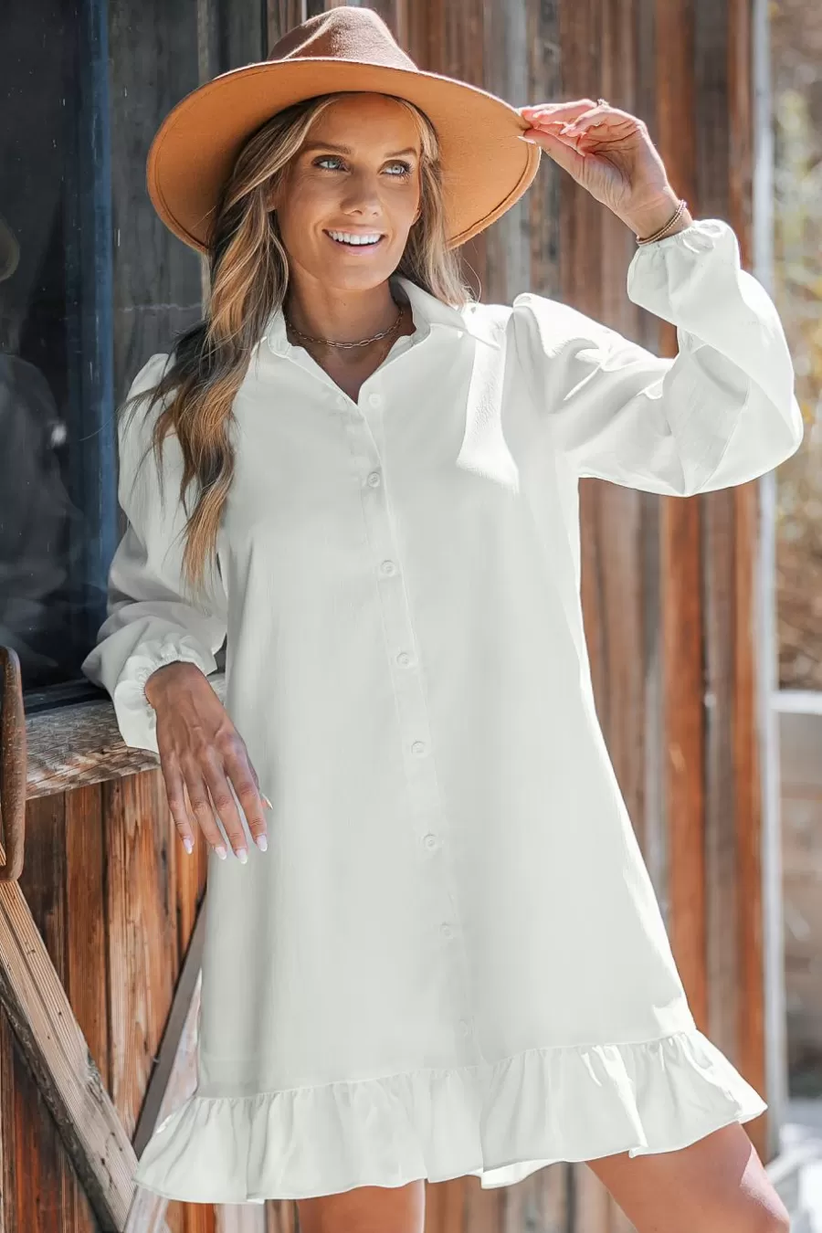 Cupshe Robe De Plage | Robe Courte*Robe Chemise Courte à Manches Bouffantes he Blanc