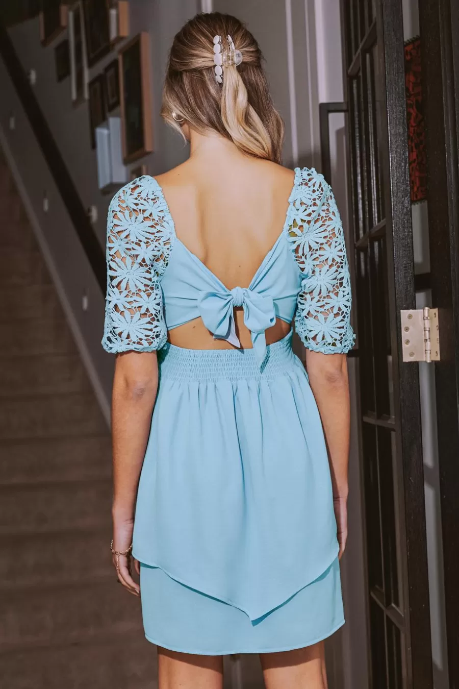 Cupshe Robe Courte | Robe Trapèze*Robe Courte à Col Carré Et Manches En Dentelle Florale Bleu Ciel Azur