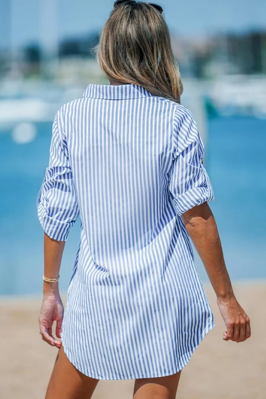 Cupshe Robe De Plage | Robe Courte*Robe Courte à Col En V à Rayures Et Demi-bouton Bleu