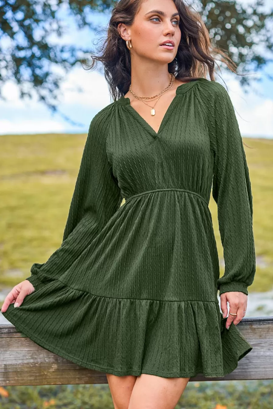 Cupshe Robe De Plage | Robe Courte*Robe Courte à Col Fendu Et Manches Longues Olive Vert