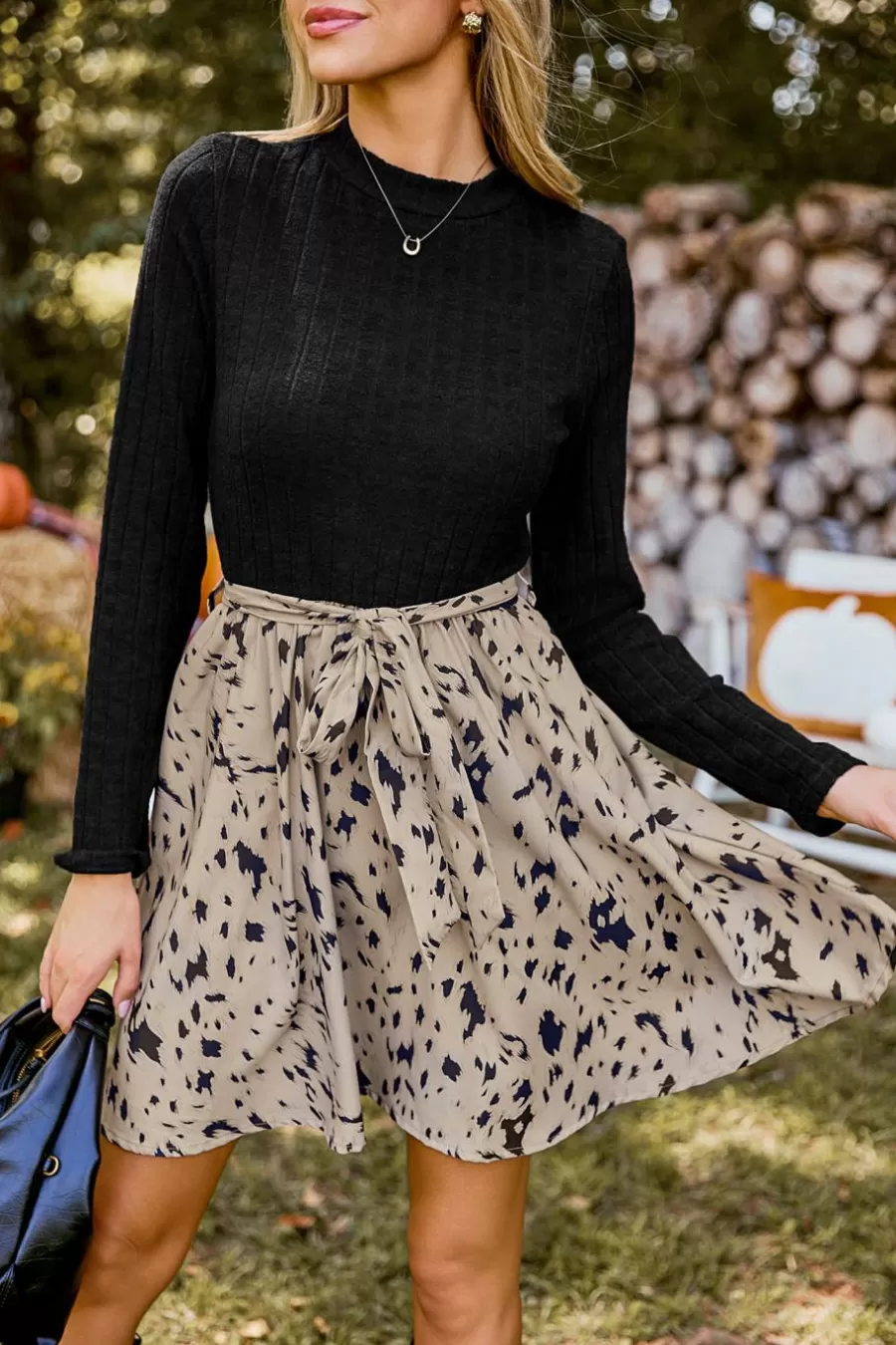 Cupshe Robe Courte | Robe Trapèze*Robe Courte à Imprimé Animal Avec Haut En Tricot Côtelé Noir