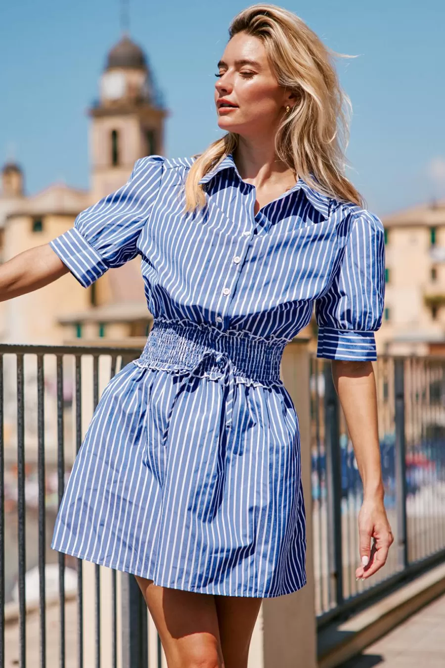 Cupshe Robe Courte | Robe Trapèze*Robe Courte Avec Col à Manches Bouffantes Et Aux Rayures e Bleu