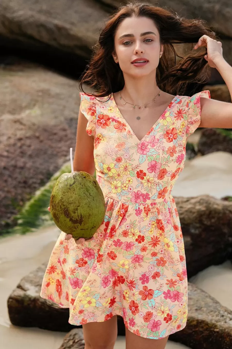 Cupshe Robe De Plage | Robe Courte*Robe Courte Avec Manches à Volants Florale Orange