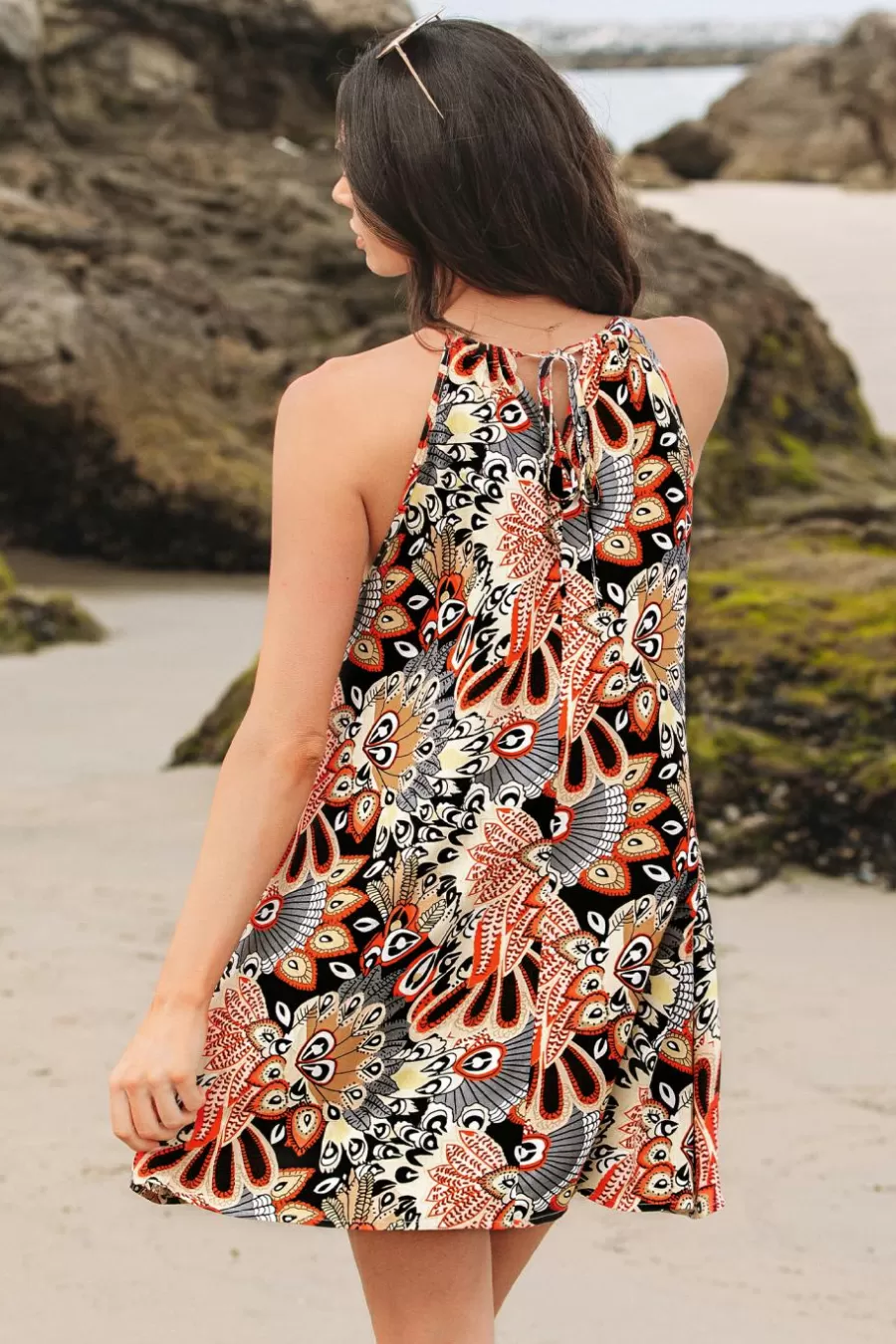 Cupshe Robe De Plage | Robe Courte*Robe Courte Boho Sans Manches à Imprimé Abstrait Et Col Licou Noir
