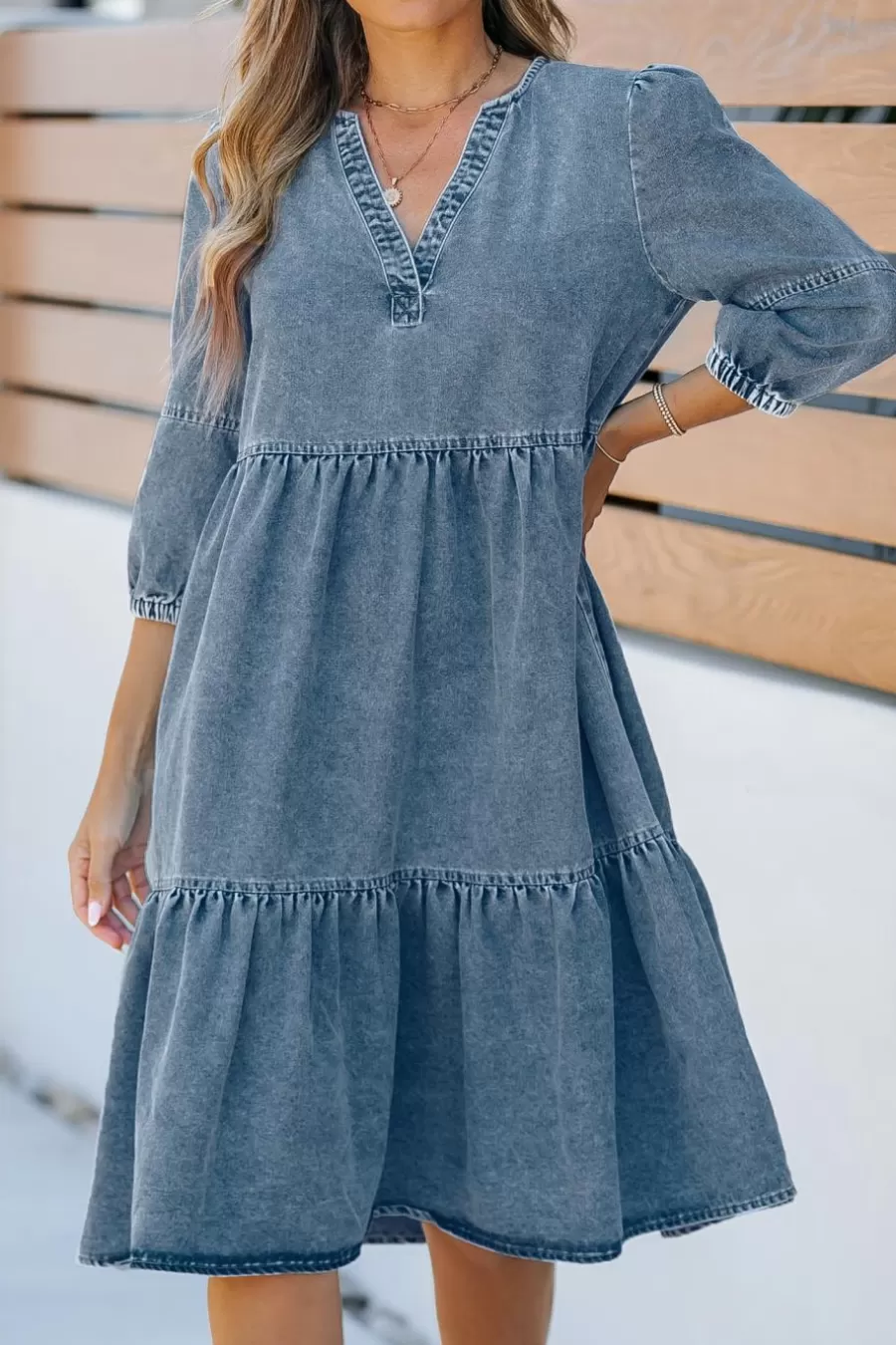 Cupshe Robe Courte*Robe Courte En Pur Coton à 3/4 Manches Denim Léger Bleu clair