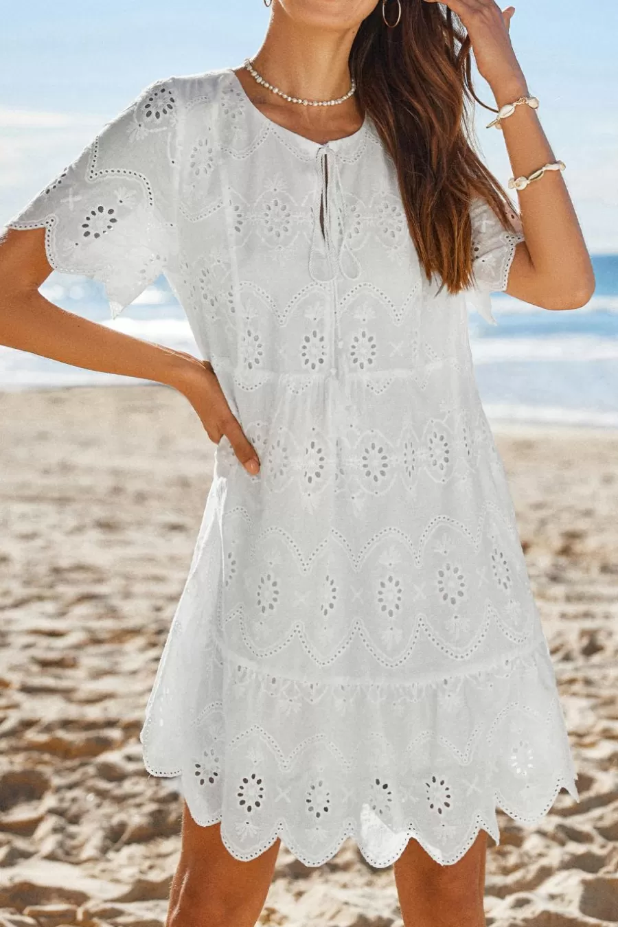 Cupshe Robe De Plage | Robe Courte*Robe Courte En Pur Coton à Glands Noués Avec œillet he Blanc
