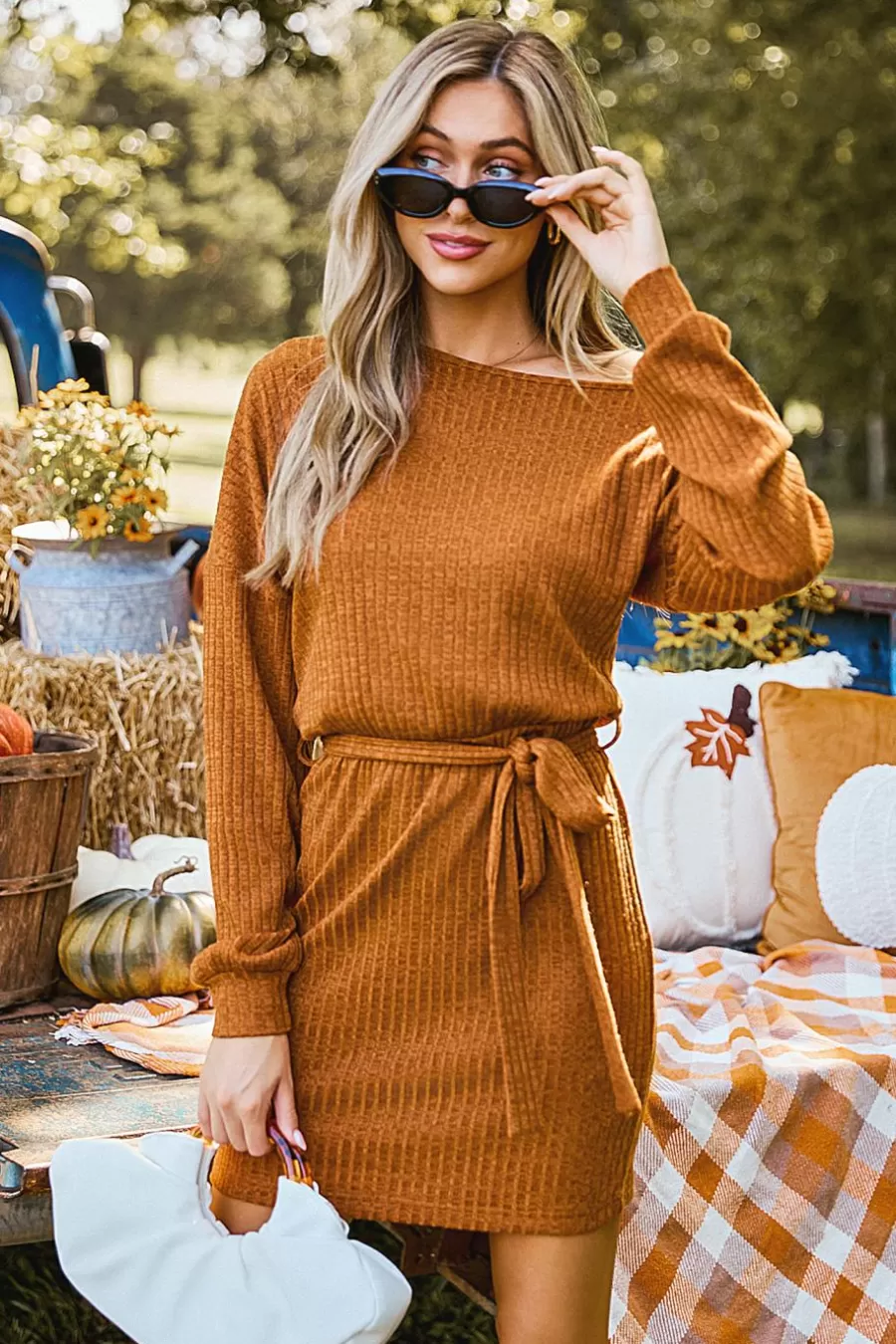 Cupshe Robe Courte | Pulls & Gilets*Robe Courte En Tricot à épaules Dénudées Et Manches Longues Marron clair