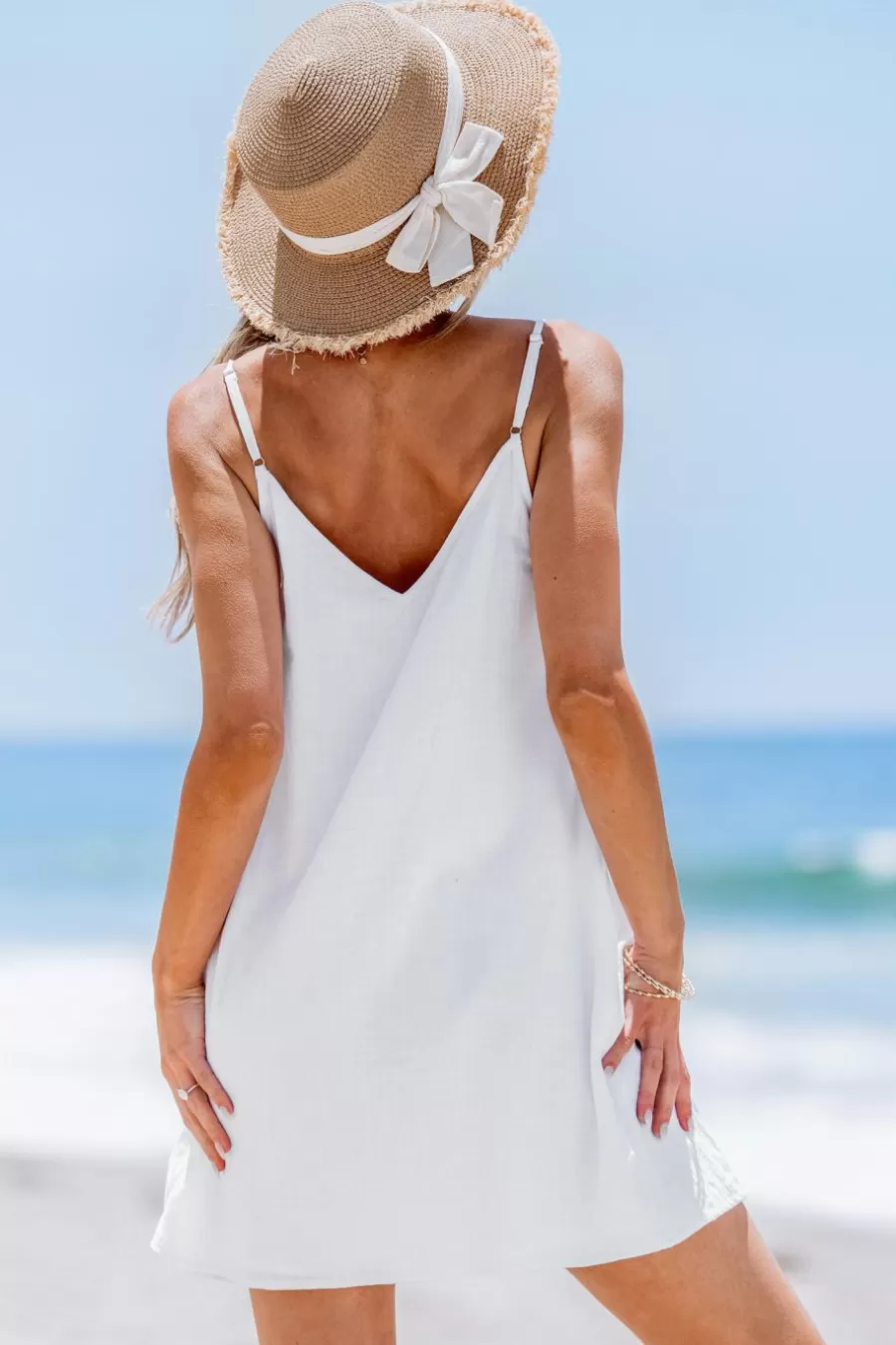 Cupshe Robe De Plage | Robe Courte*Robe Courte Sans Manches En Pur Coton Et Lin Et Broderie he Blanc