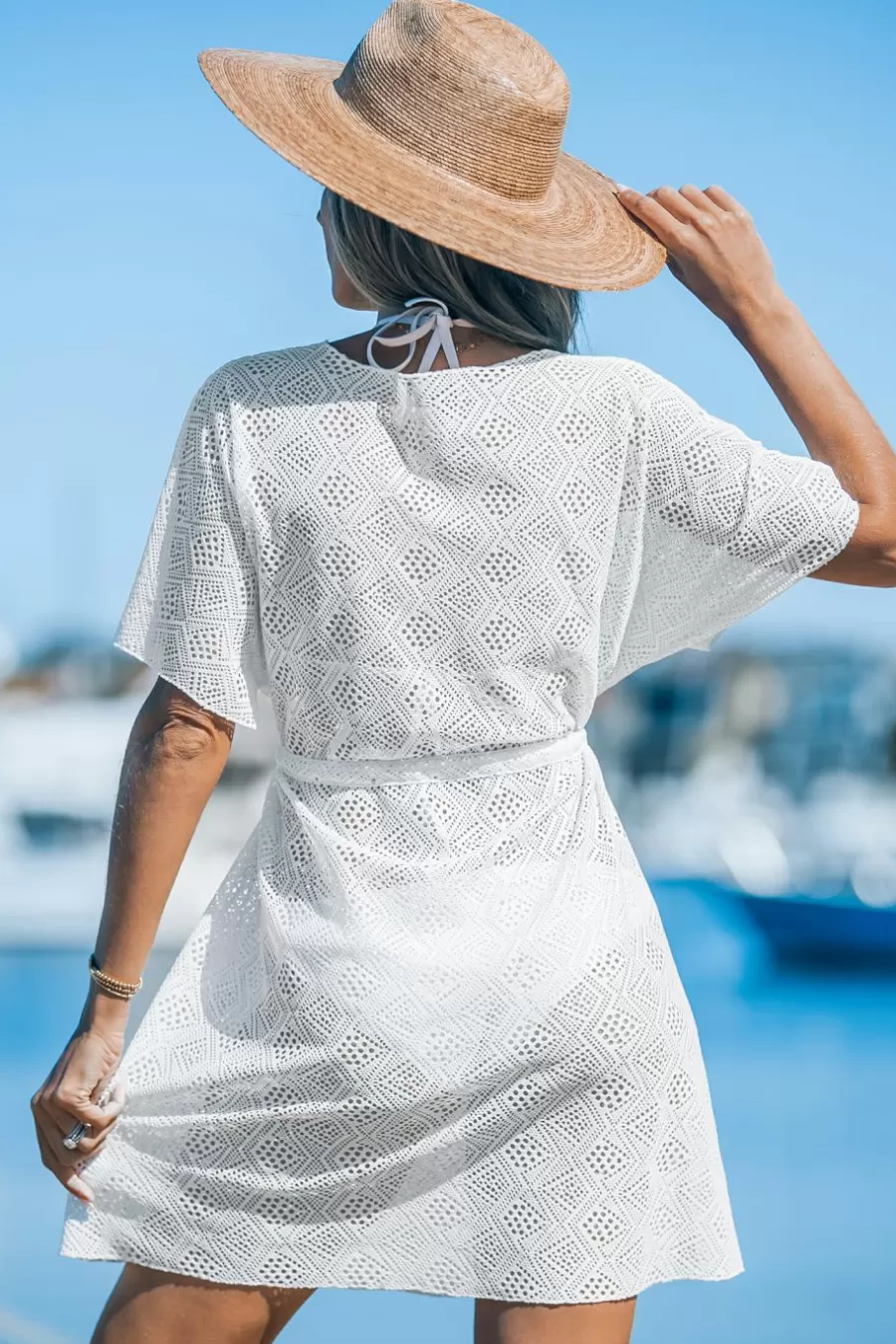 Cupshe Robe De Plage*Robe Cover Up Avec Manches Courtes En Crochet à Nouer à La Taille he Blanc